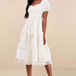 Lulus Gorgeously Romantic Ivory Lace Puff Sleeve Tiered Midi Dress White